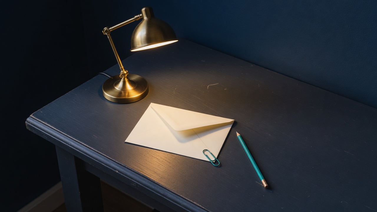 Cream stationery and a teal accent on a dark navy desk