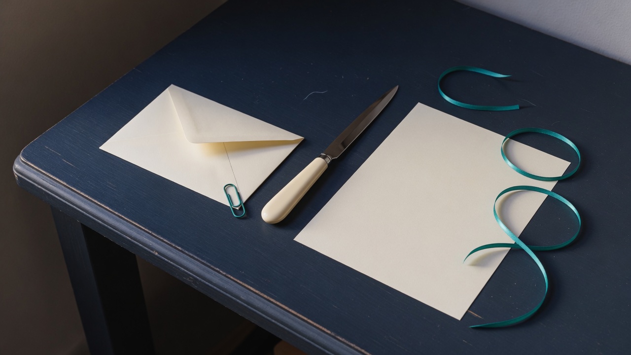Cream stationery and a teal accent on a dark navy desk