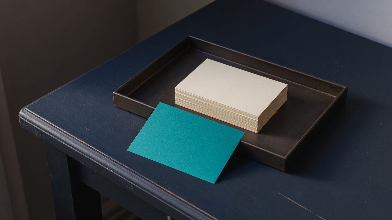 Cream stationery and a teal accent on a dark navy desk