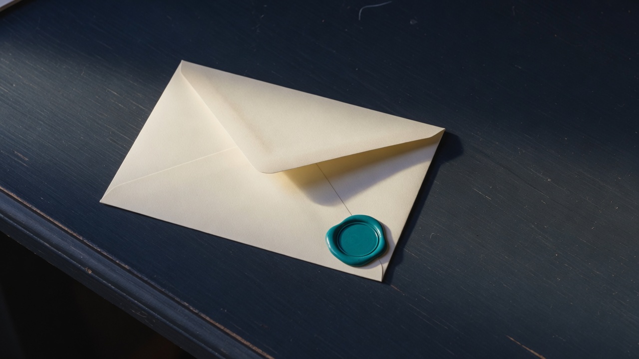 Cream stationery and a teal accent on a dark navy desk