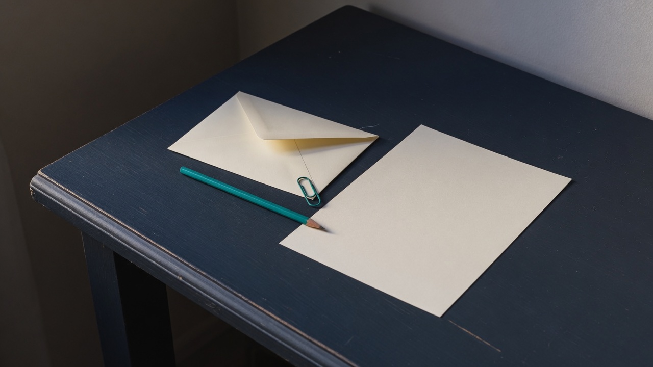 Cream stationery and a teal accent on a dark navy desk