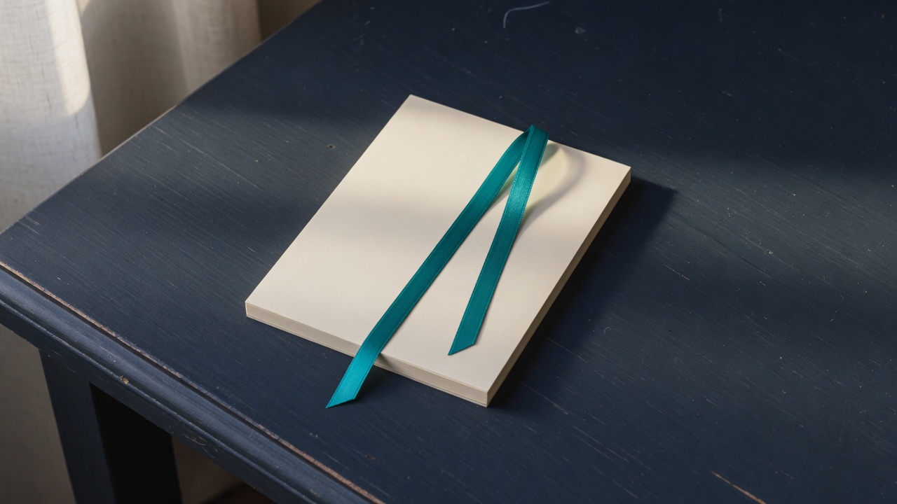Cream stationery and a teal accent on a dark navy desk