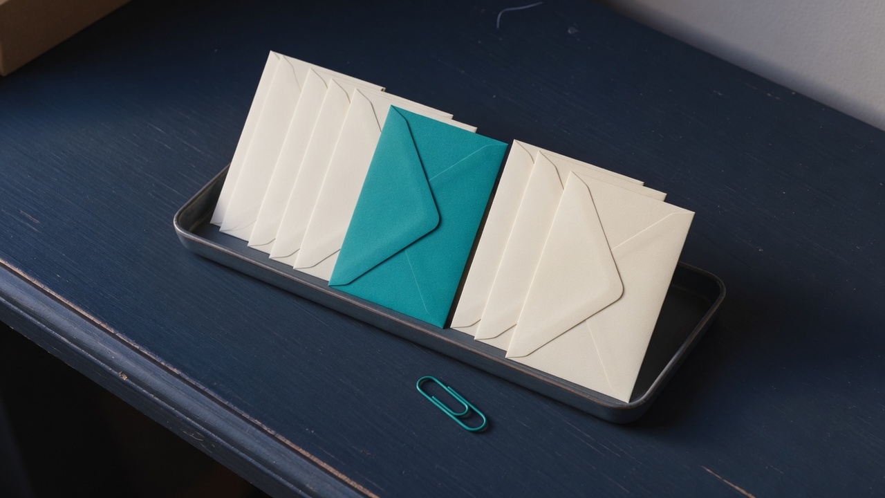 Cream stationery and a teal accent on a dark navy desk