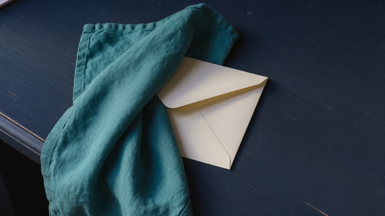 Cream stationery and a teal accent on a dark navy desk