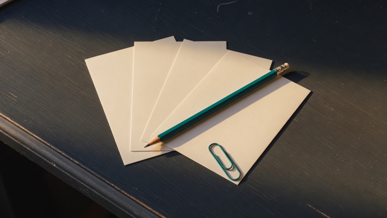 Cream stationery and a teal accent on a dark navy desk