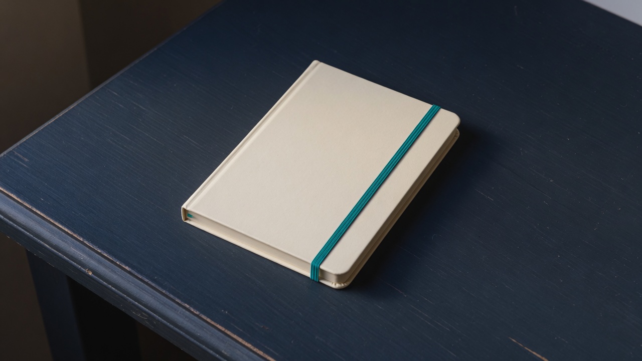 Cream stationery and a teal accent on a dark navy desk