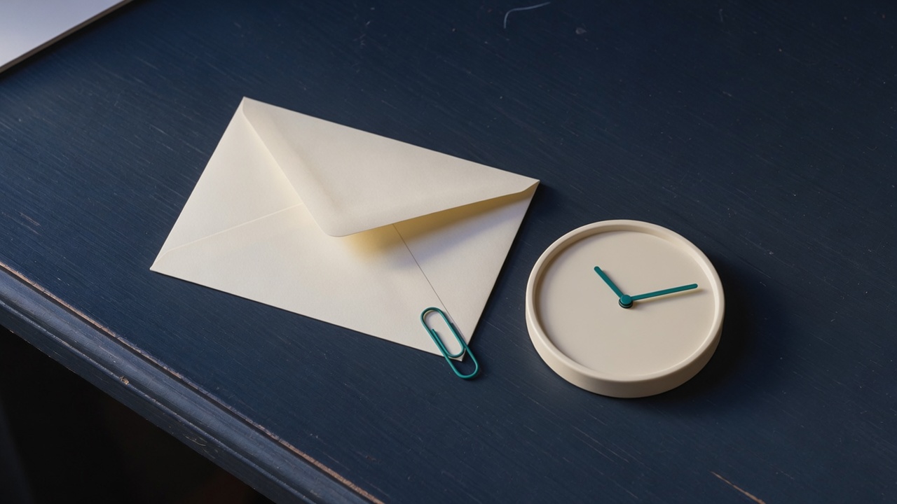 Cream stationery and a teal accent on a dark navy desk