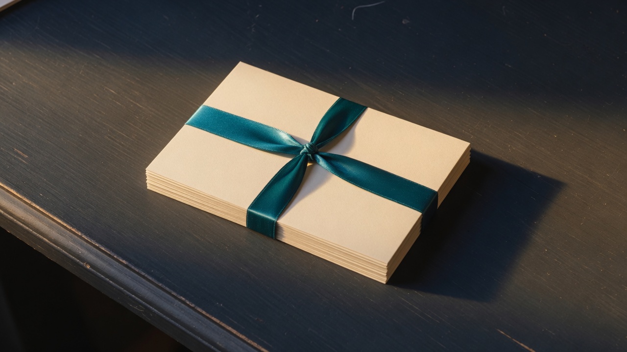 Cream stationery and a teal accent on a dark navy desk