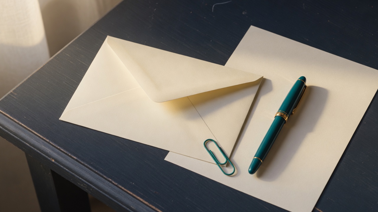 Cream stationery and a teal accent on a dark navy desk