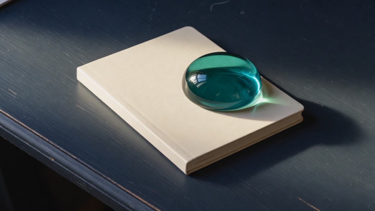 Cream stationery and a teal accent on a dark navy desk