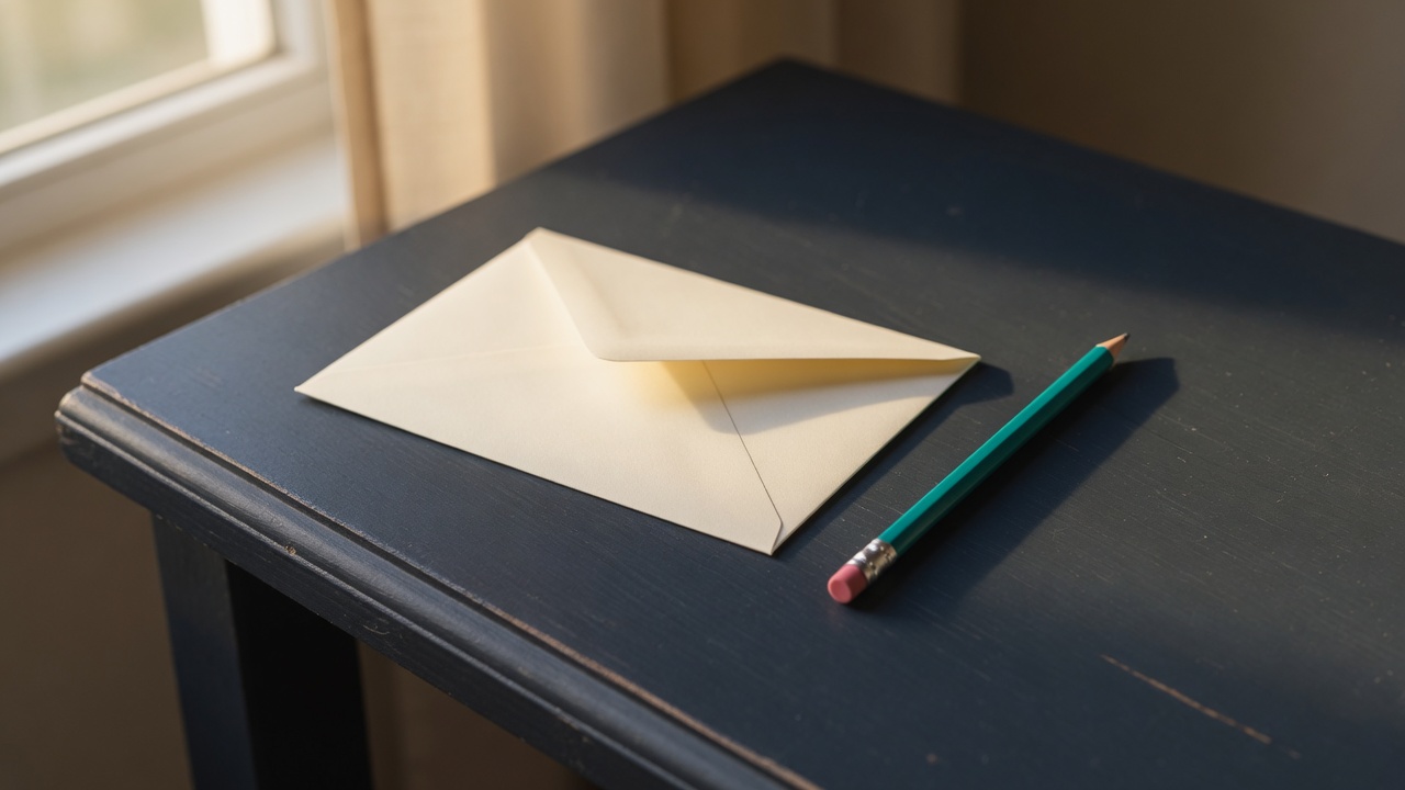 Cream stationery and a teal accent on a dark navy desk
