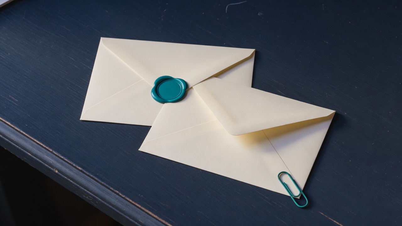 Cream stationery and a teal accent on a dark navy desk
