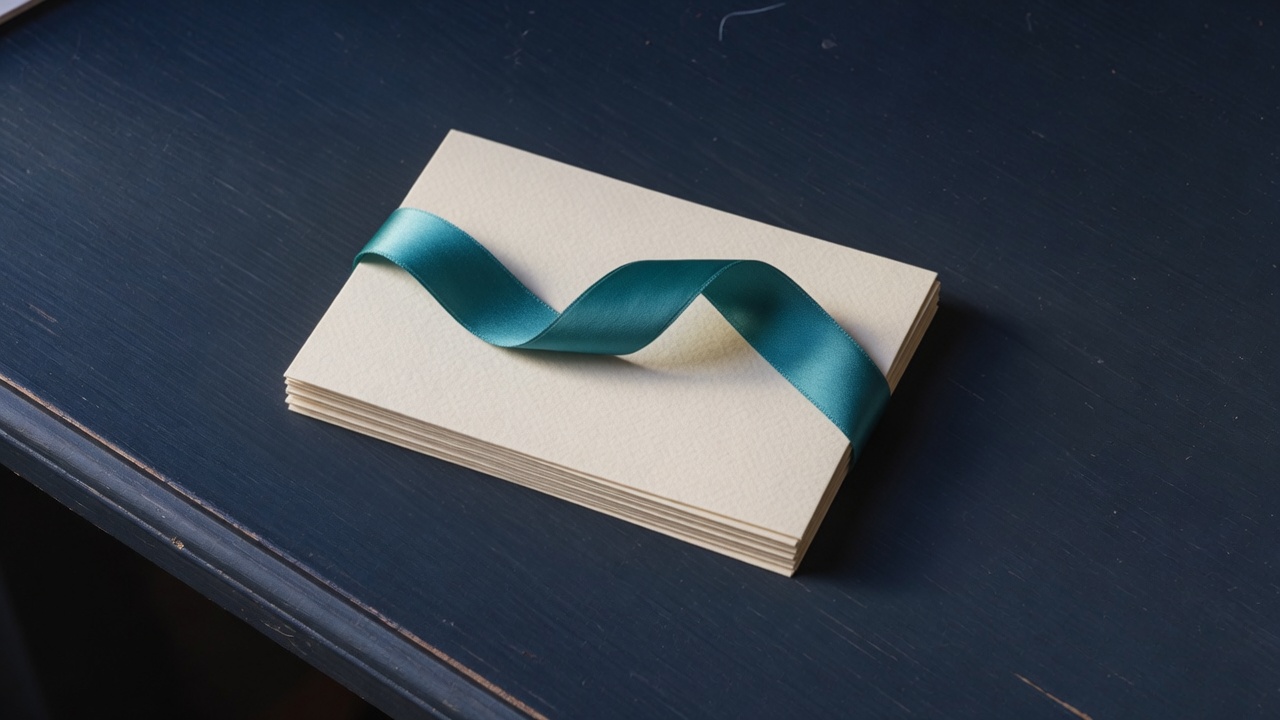 Cream stationery and a teal accent on a dark navy desk
