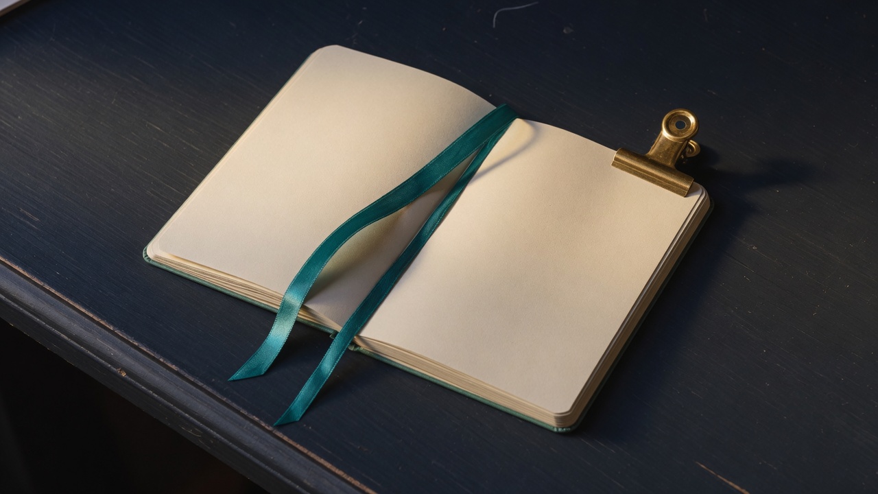 Cream stationery and a teal accent on a dark navy desk