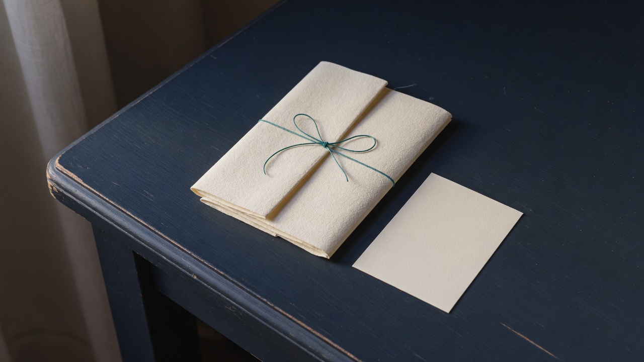 Cream stationery and a teal accent on a dark navy desk