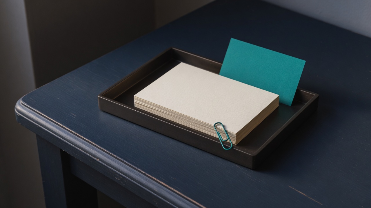 Cream stationery and a teal accent on a dark navy desk