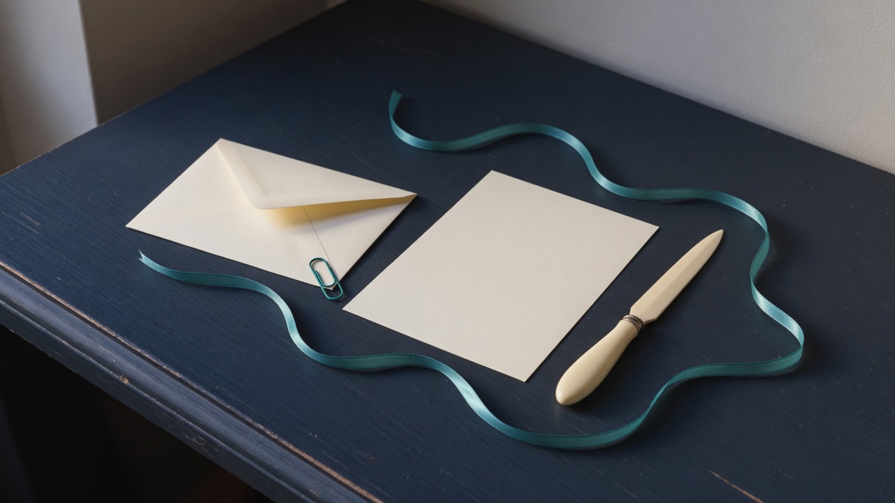 Cream stationery and a teal accent on a dark navy desk