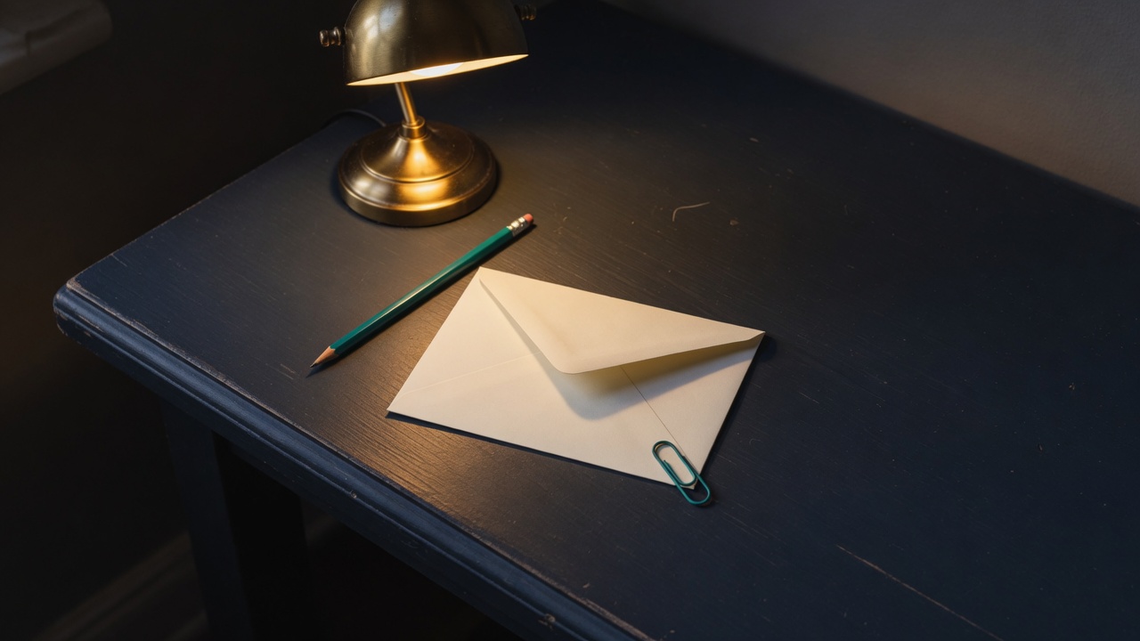 Cream stationery and a teal accent on a dark navy desk