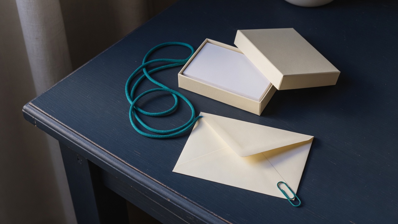 Cream stationery and a teal accent on a dark navy desk