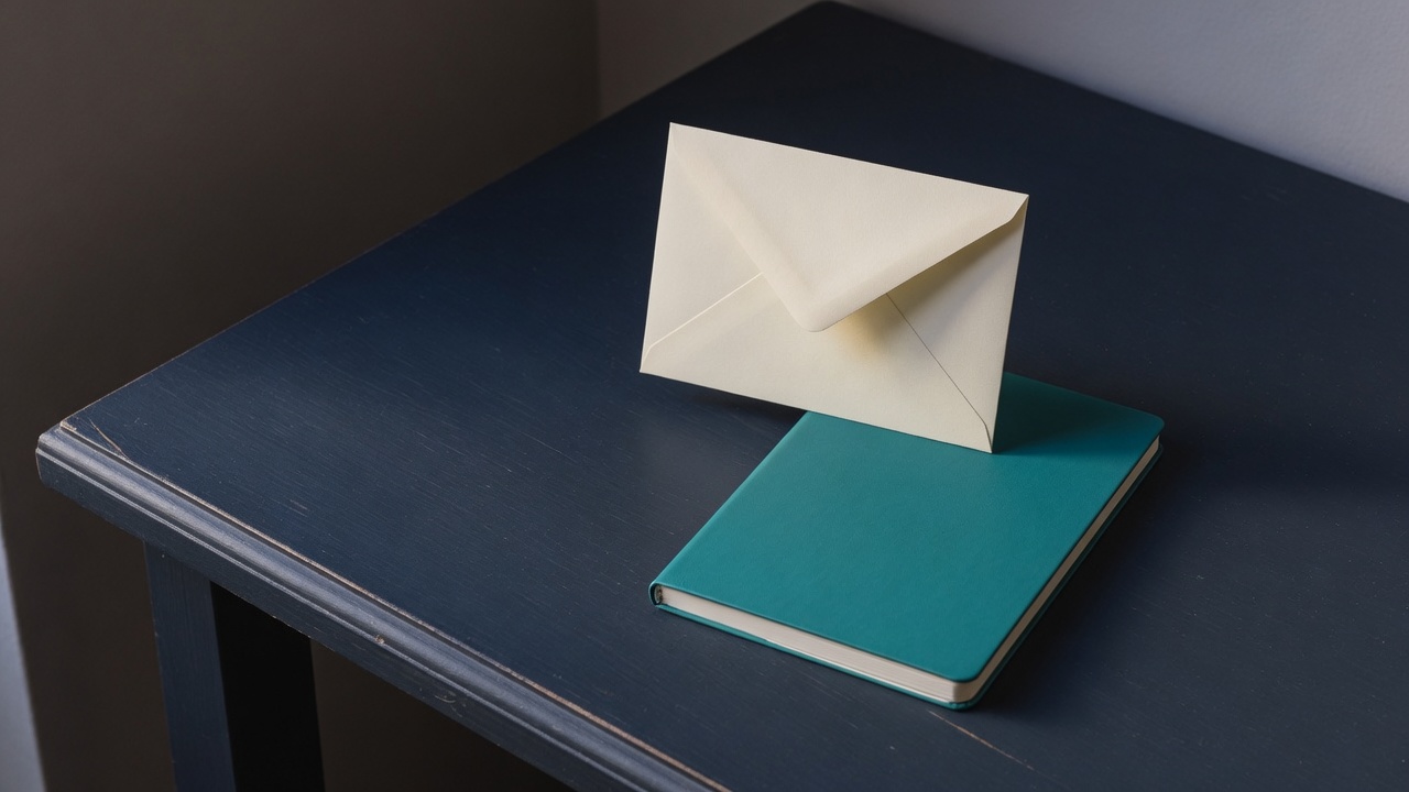 Cream stationery and a teal accent on a dark navy desk