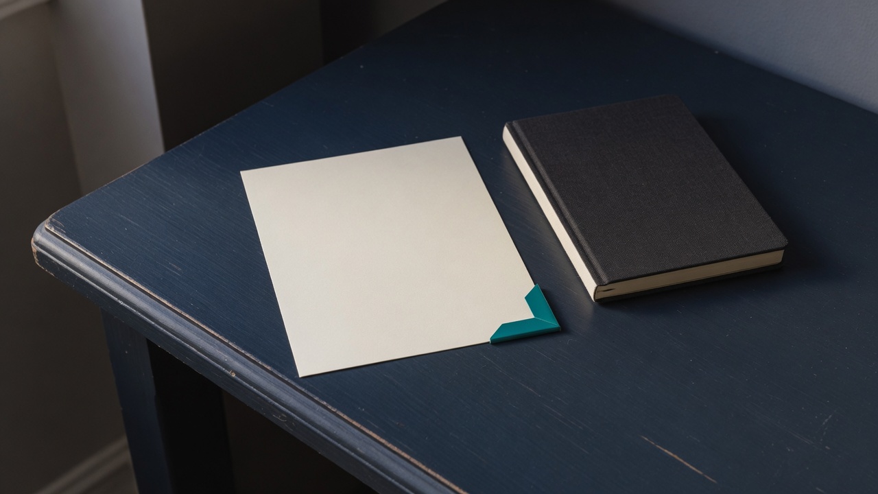 Cream stationery and a teal accent on a dark navy desk