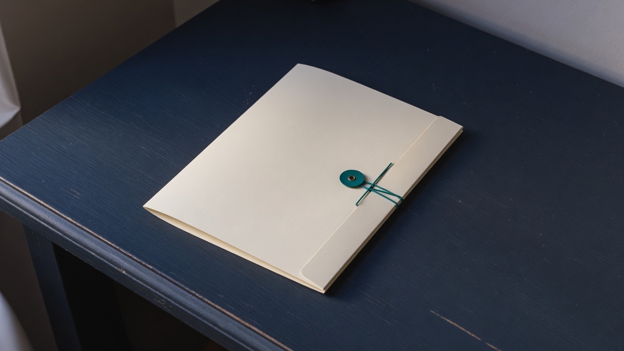 Cream stationery and a teal accent on a dark navy desk
