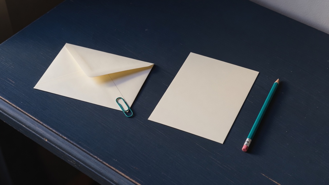 Cream stationery and a teal accent on a dark navy desk