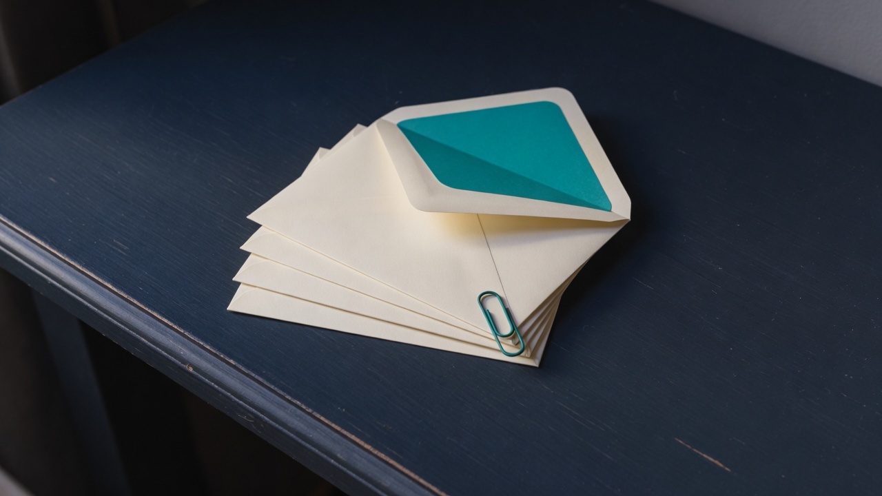 Cream stationery and a teal accent on a dark navy desk