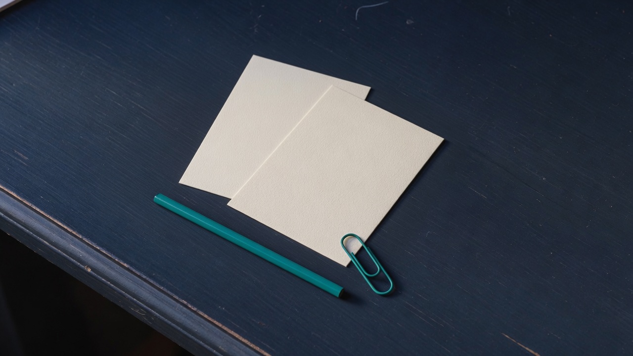 Cream stationery and a teal accent on a dark navy desk