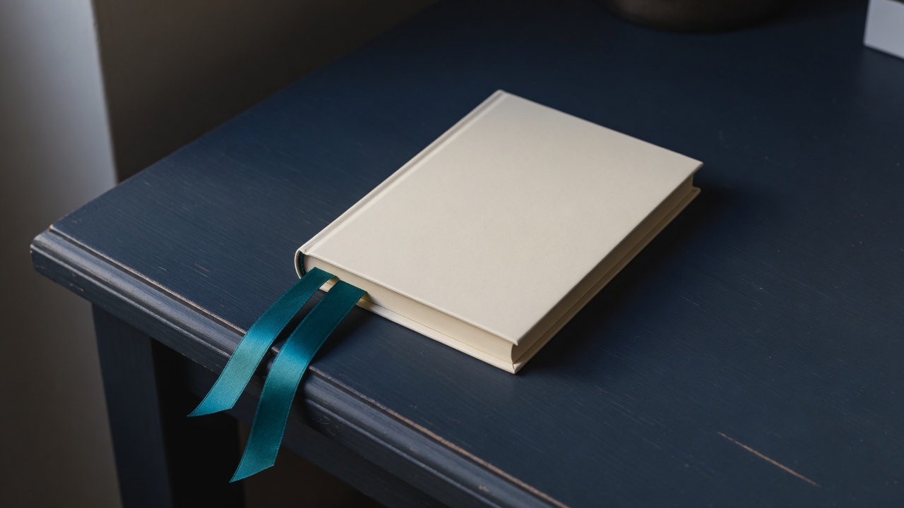 Cream stationery and a teal accent on a dark navy desk