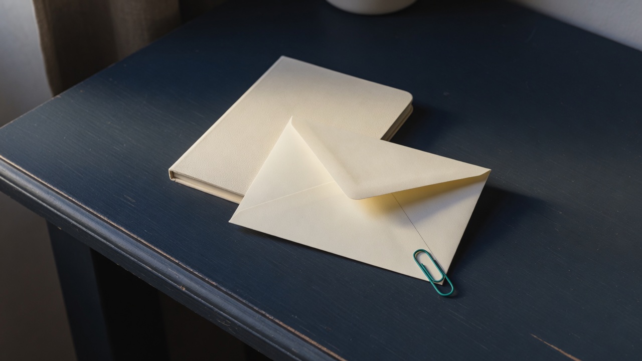 Cream stationery and a teal accent on a dark navy desk