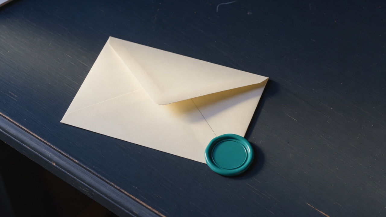 Cream stationery and a teal accent on a dark navy desk