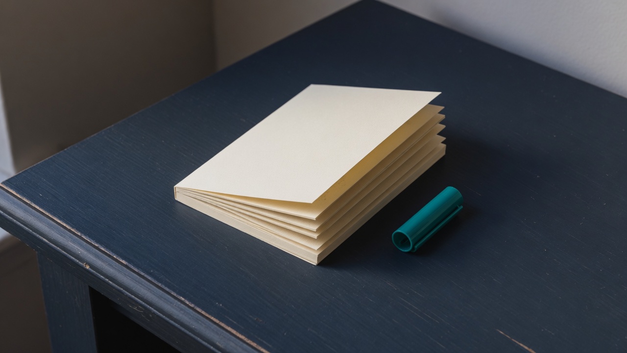 Cream stationery and a teal accent on a dark navy desk