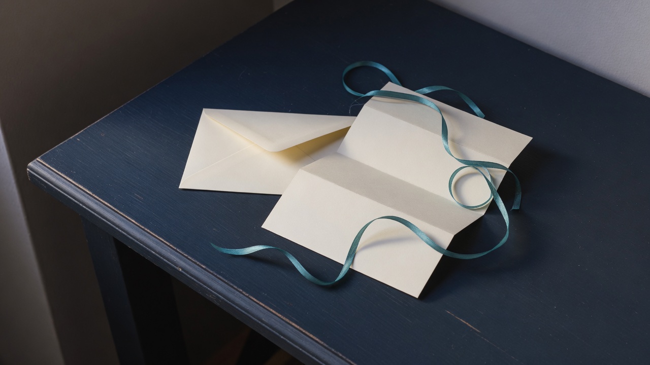 Cream stationery and a teal accent on a dark navy desk