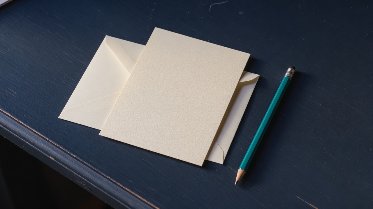 Cream stationery and a teal accent on a dark navy desk