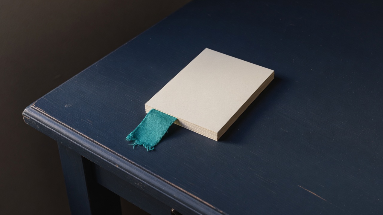 Cream stationery and a teal accent on a dark navy desk