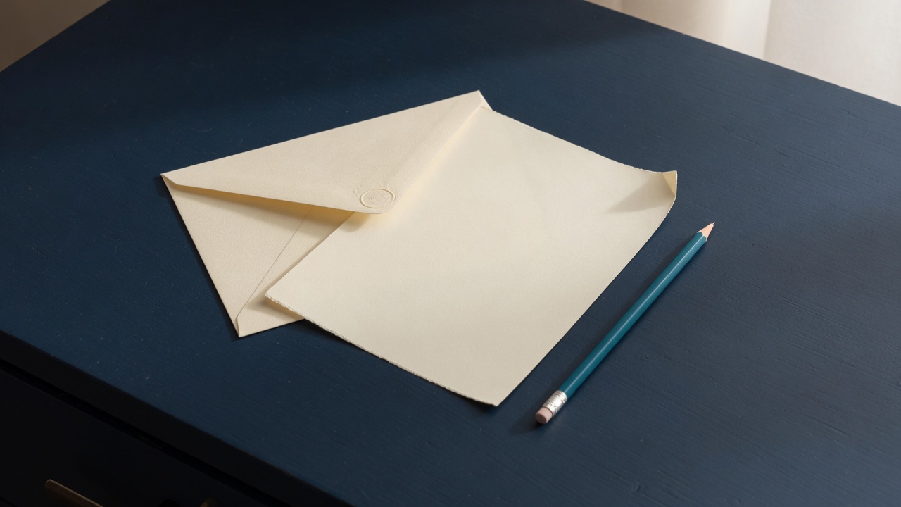 Cream stationery and a teal accent on a dark navy desk