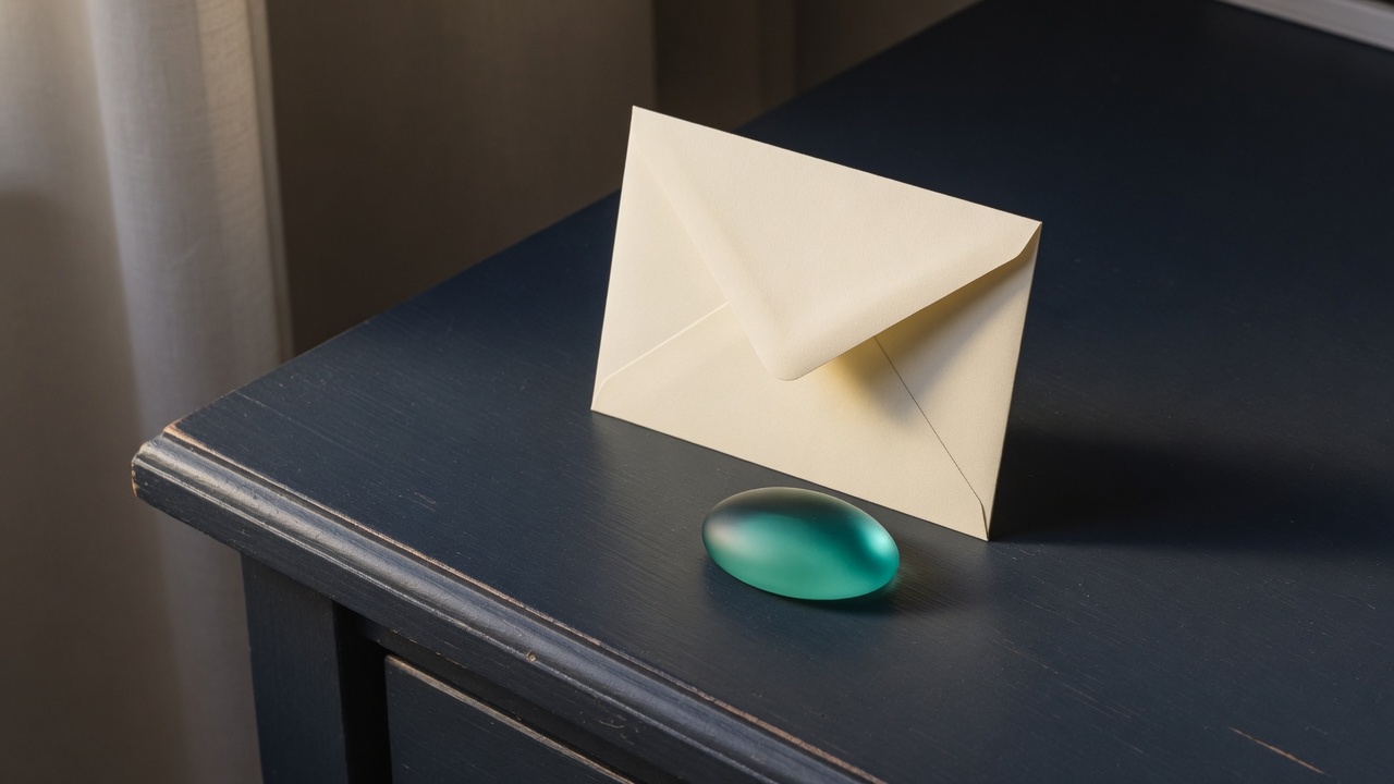 Cream stationery and a teal accent on a dark navy desk