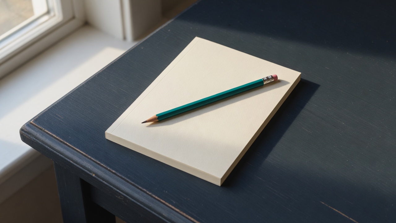 Cream stationery and a teal accent on a dark navy desk