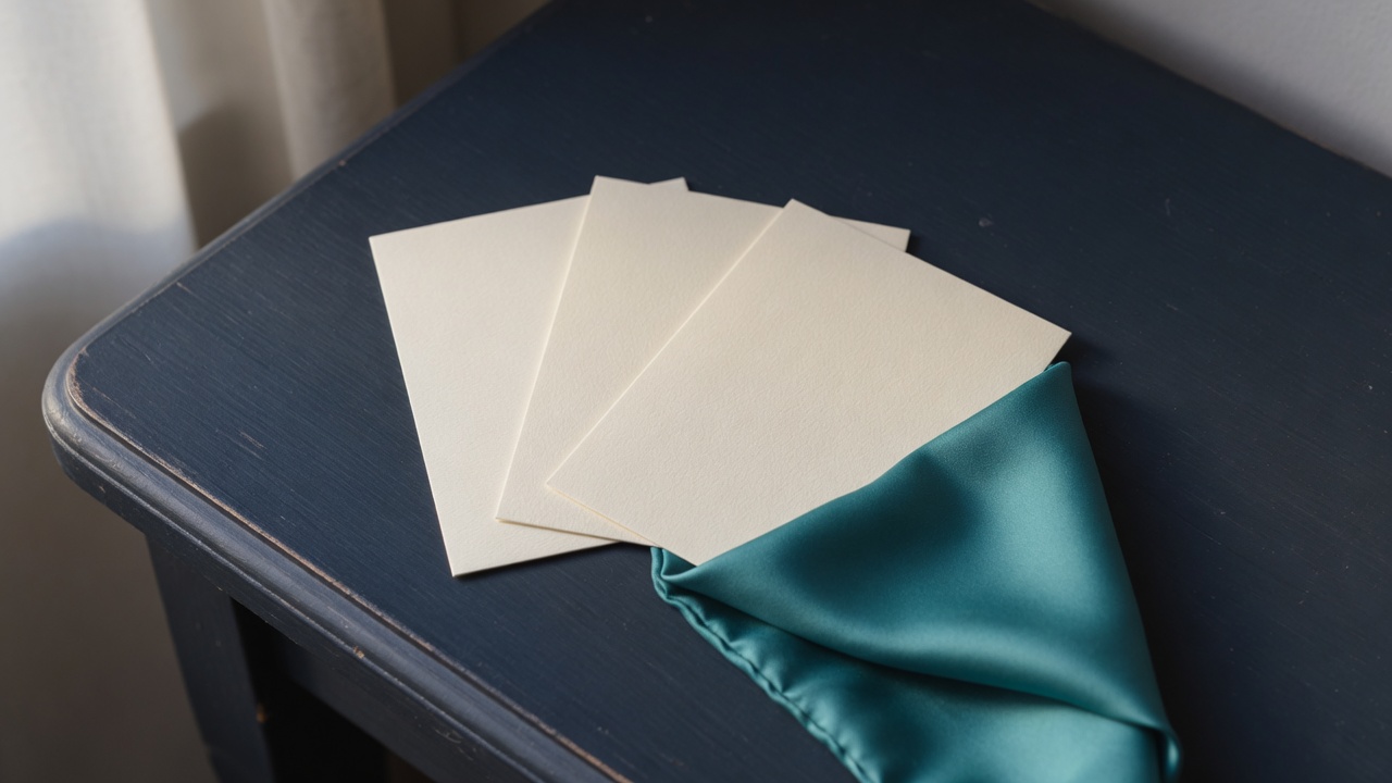 Cream stationery and a teal accent on a dark navy desk