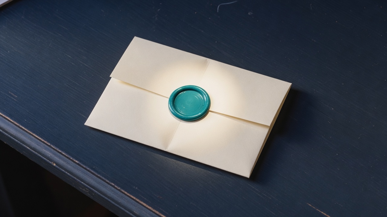 Cream stationery and a teal accent on a dark navy desk