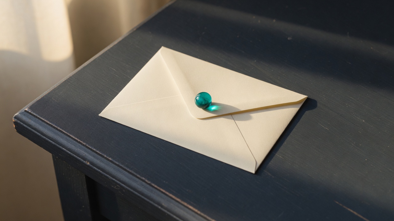 Cream stationery and a teal accent on a dark navy desk