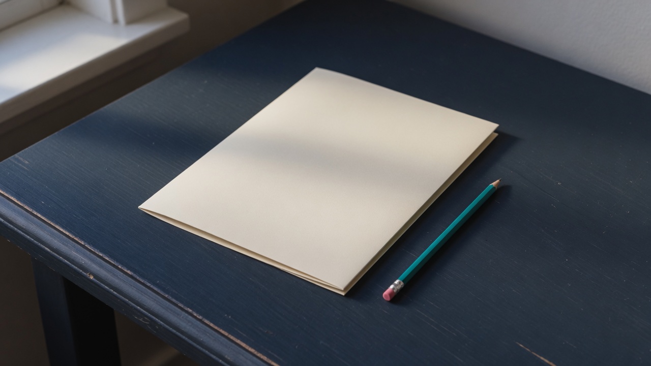 Cream stationery and a teal accent on a dark navy desk