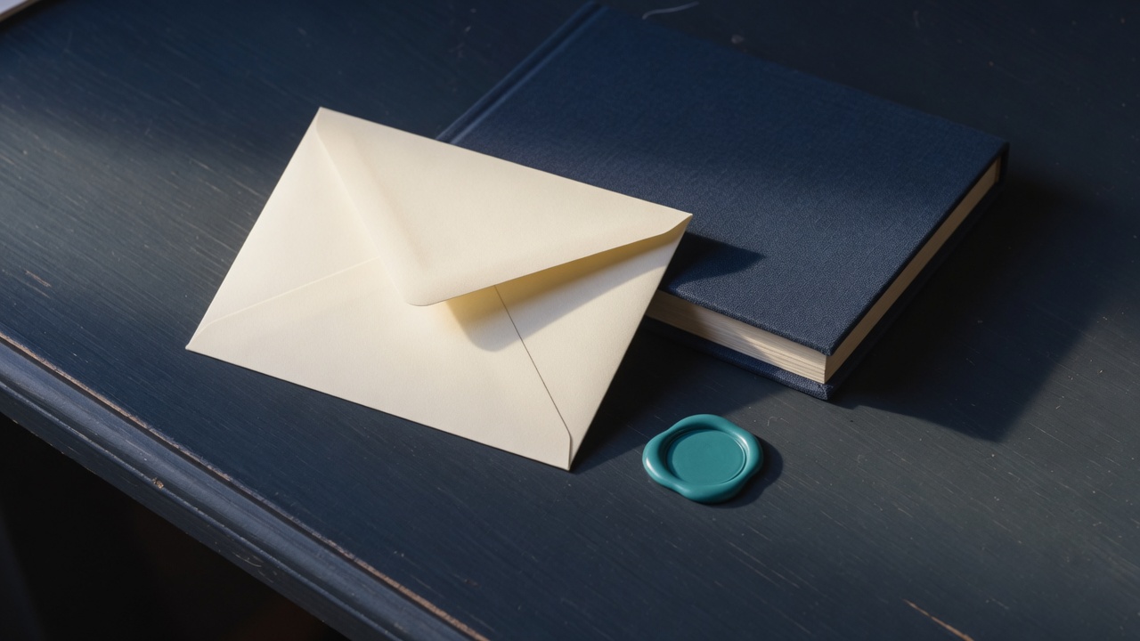 Cream stationery and a teal accent on a dark navy desk