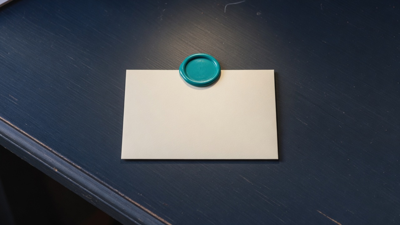 Cream stationery and a teal accent on a dark navy desk