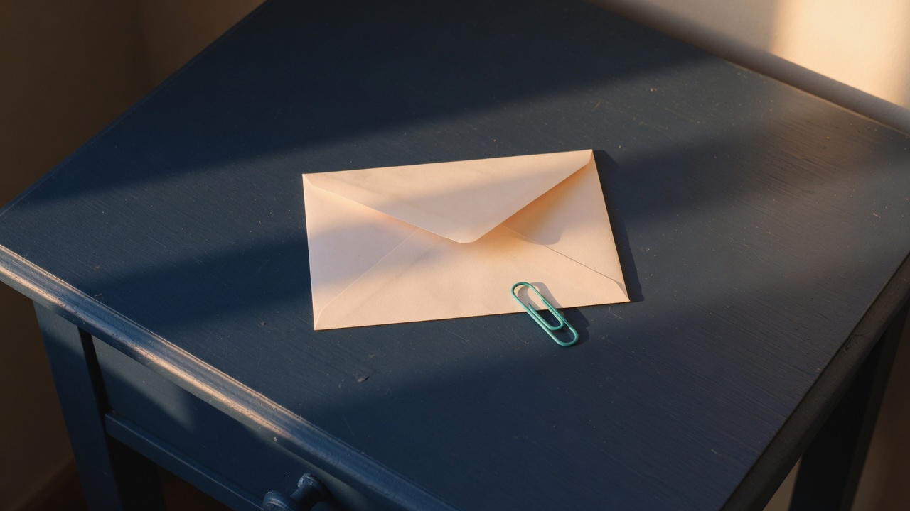 A cream envelope and a teal paperclip on a sunlit navy desk