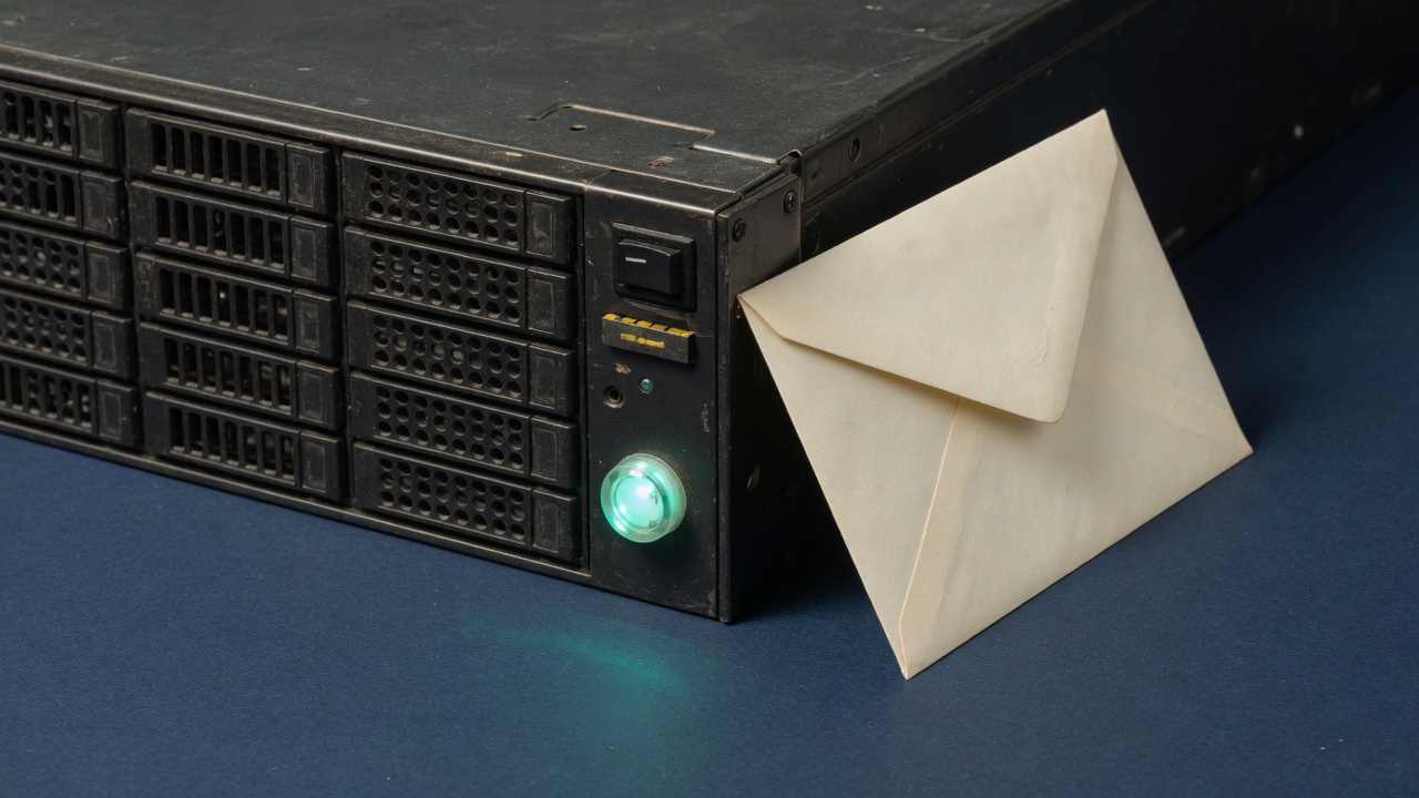 An older server chassis with a teal status light and a cream envelope leaning against it