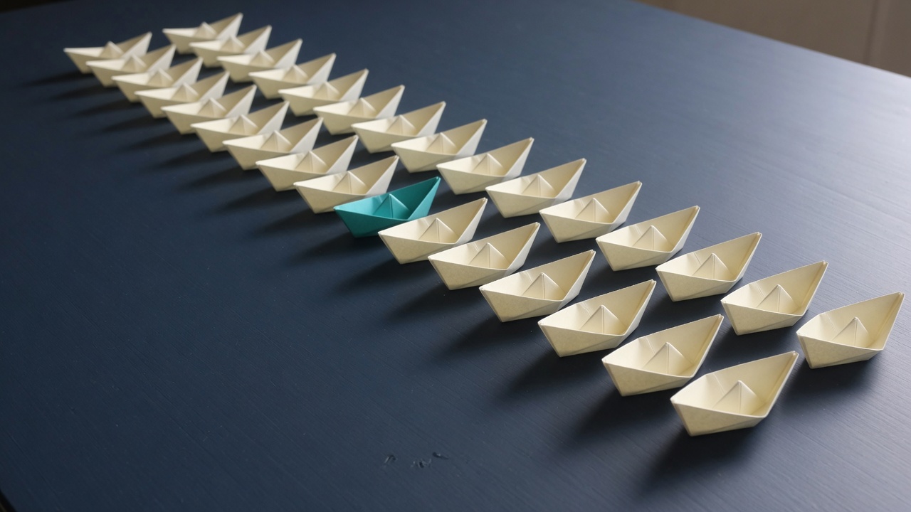 Rows of cream paper boats on a navy table with one teal boat in the line