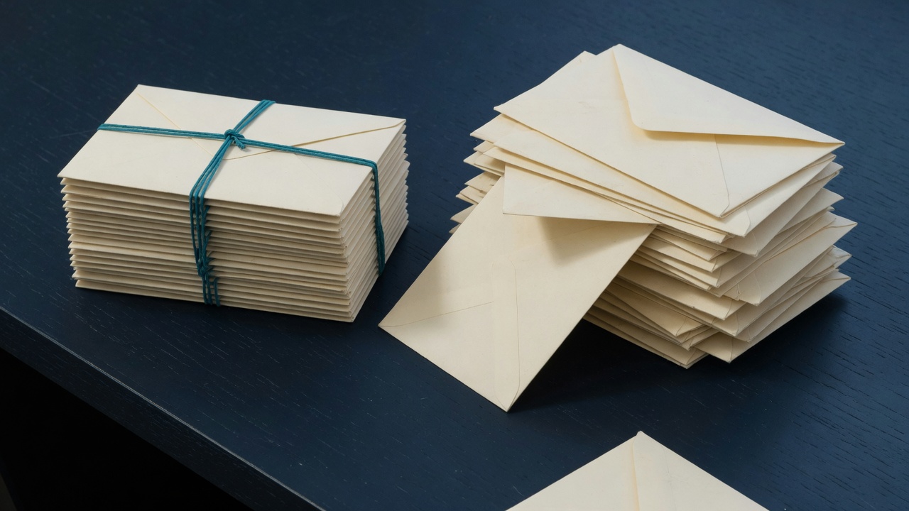 A neat stack of cream envelopes tied with teal string beside a loose, uneven pile