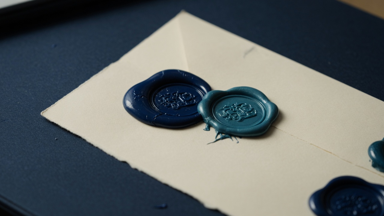 Two wax seals, one navy and one teal, side by side on a cream sheet